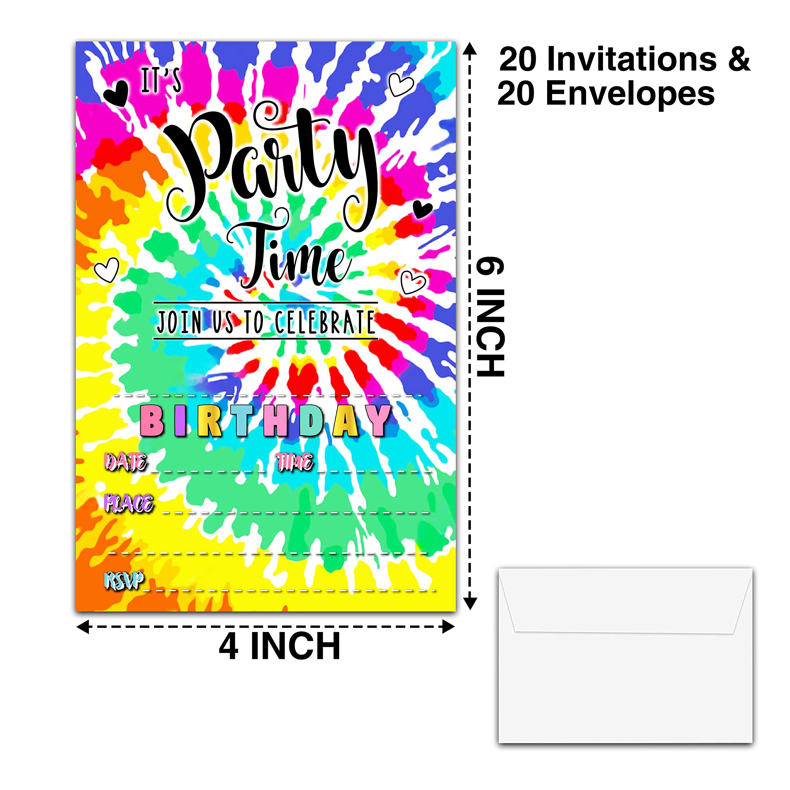 YSTEP Tie Dye Birthday Party Invitations, 20 Invite Cards with Envelopes, 4"x6" It's Party Time Birthday Invites - B21