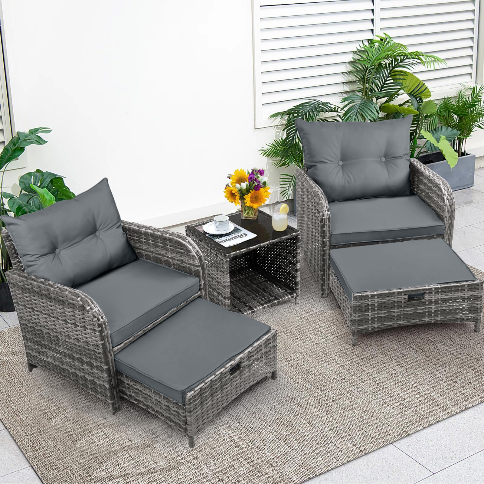 Auzfy Patio Chair with Ottomans and Table, 5 Piece PE Wicker Rattan Outdoor Patio Furniture Set, Space Saving Design Outdoor Chairs with Ottomans Set for Balcony Poolside Front Porch Deck, Grey