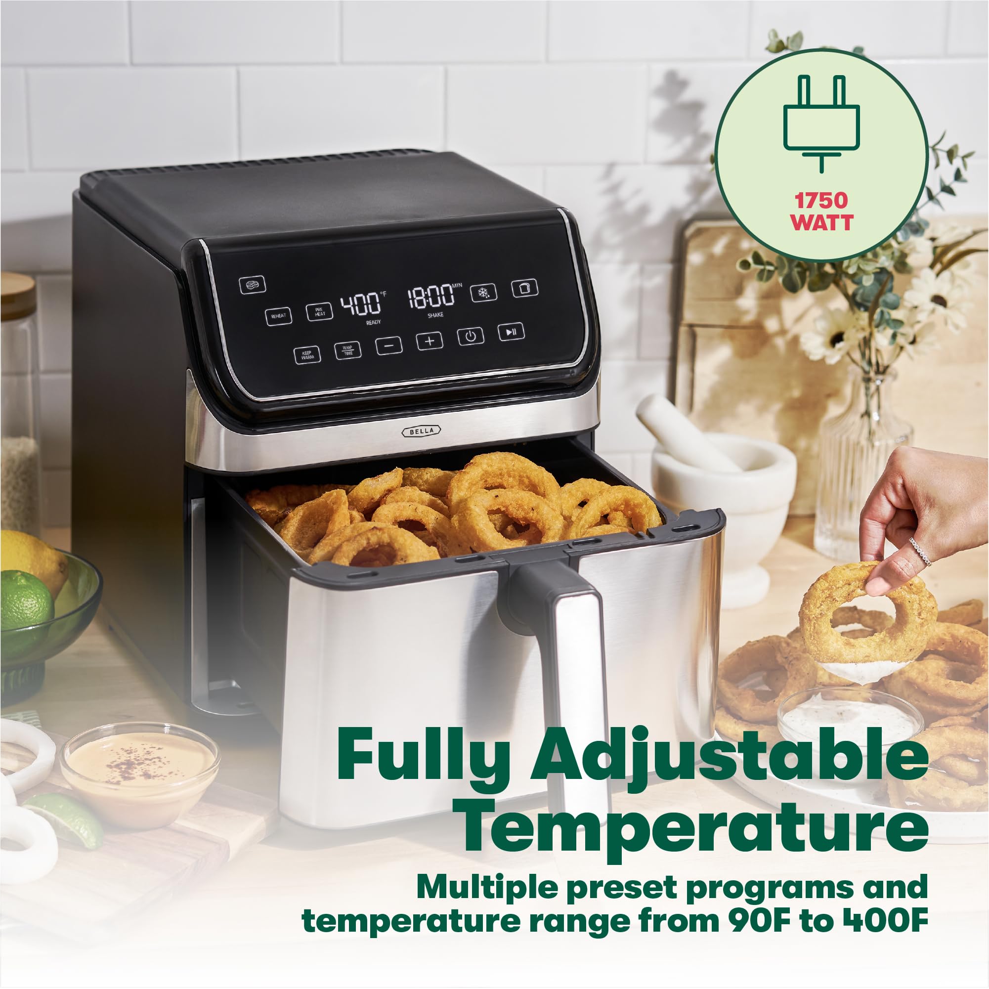 bella 8 Qt Digital Air Fryer with TurboCrisp Technology, Large Family Size Nonstick Cooking Basket and Crisping Tray, Multiple Preset Functions, Auto Shutoff, Stainless Steel, 1750 Watt