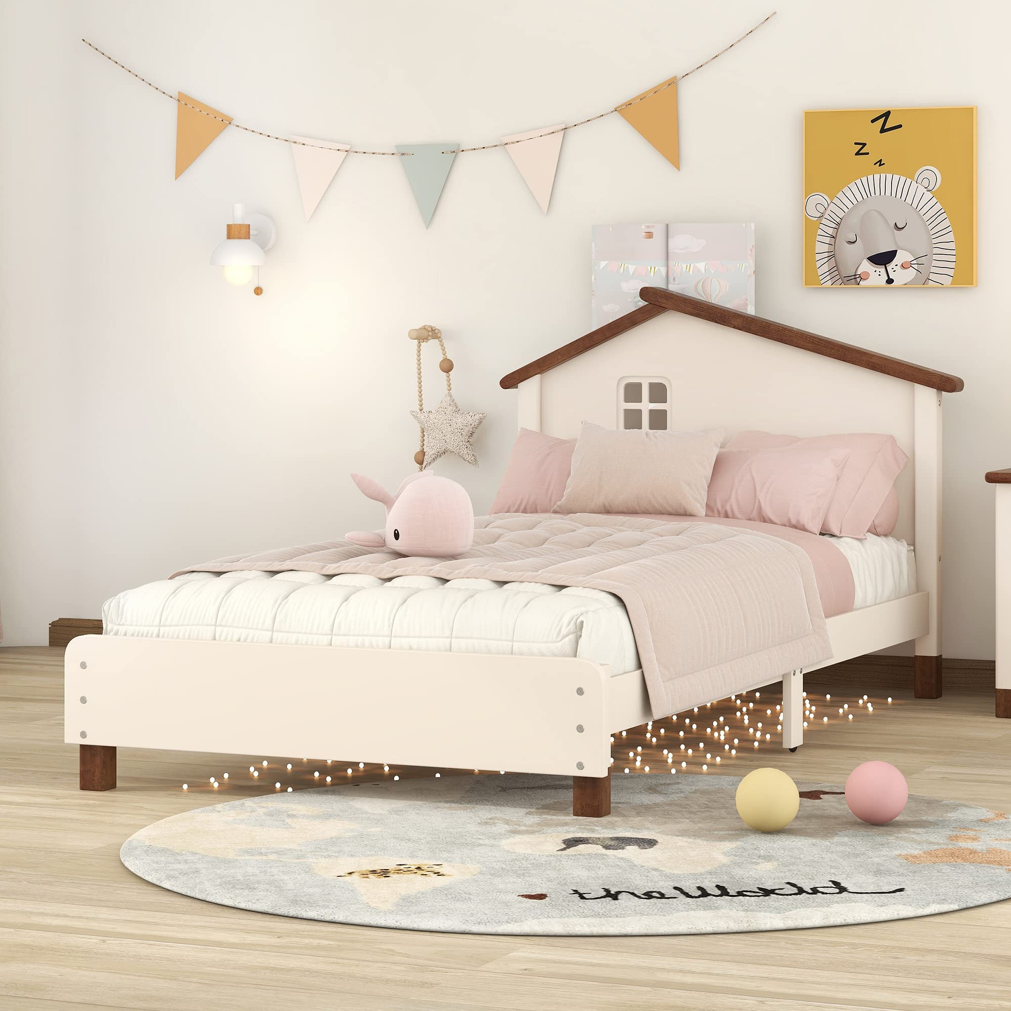 Bellemave Twin Size Platform Bed with Headboard, House Twin Bed with Support Slats, Wooden Kids Twin Size Bed Frame for Boys Girls, No Box Spring Needed, Bedroom Furniture (Cream+Walnut)