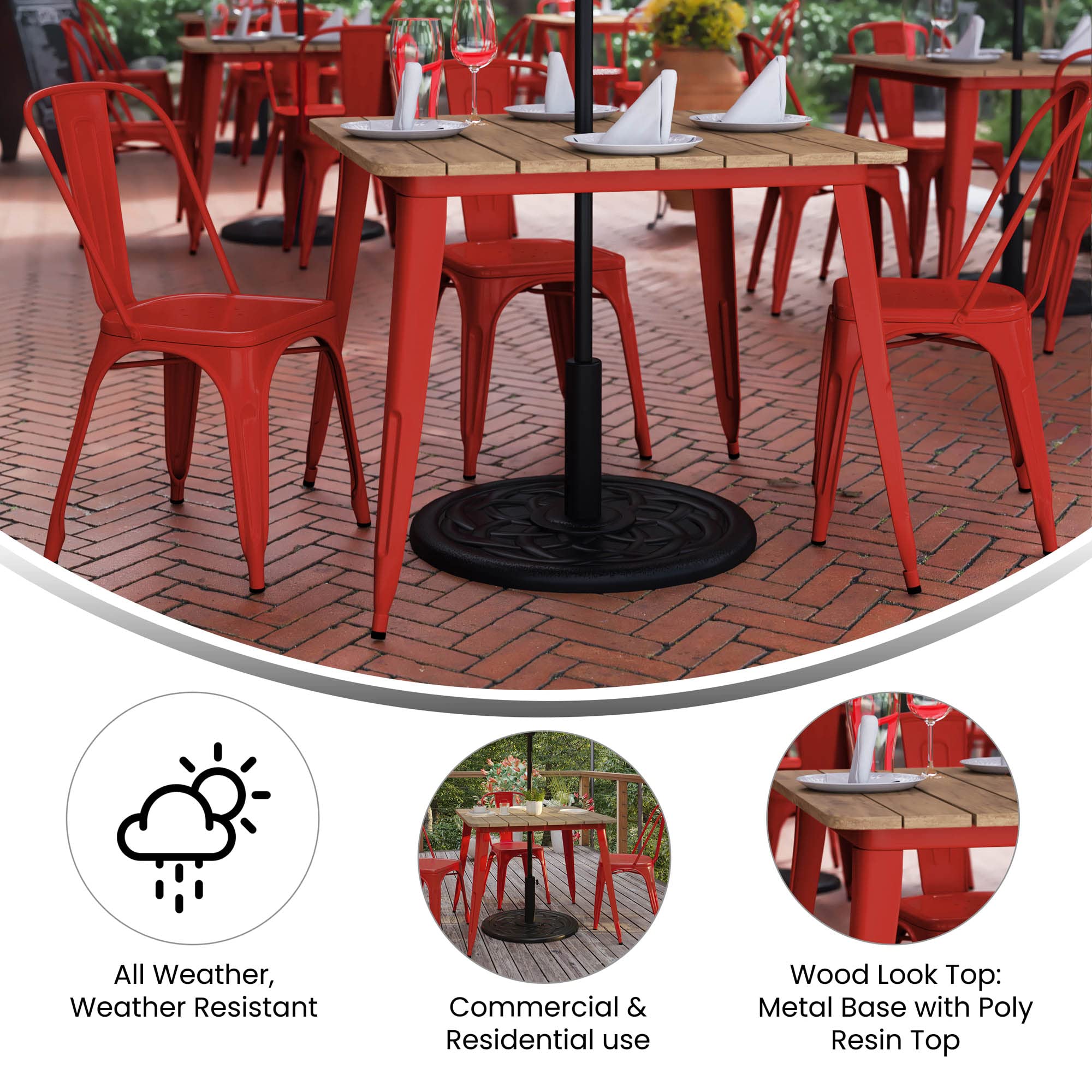 Flash Furniture Declan Commercial Outdoor Dining Table with Umbrella Hole, All Weather Poly Resin Top and Steel Base, 36" Square, Brown/Red