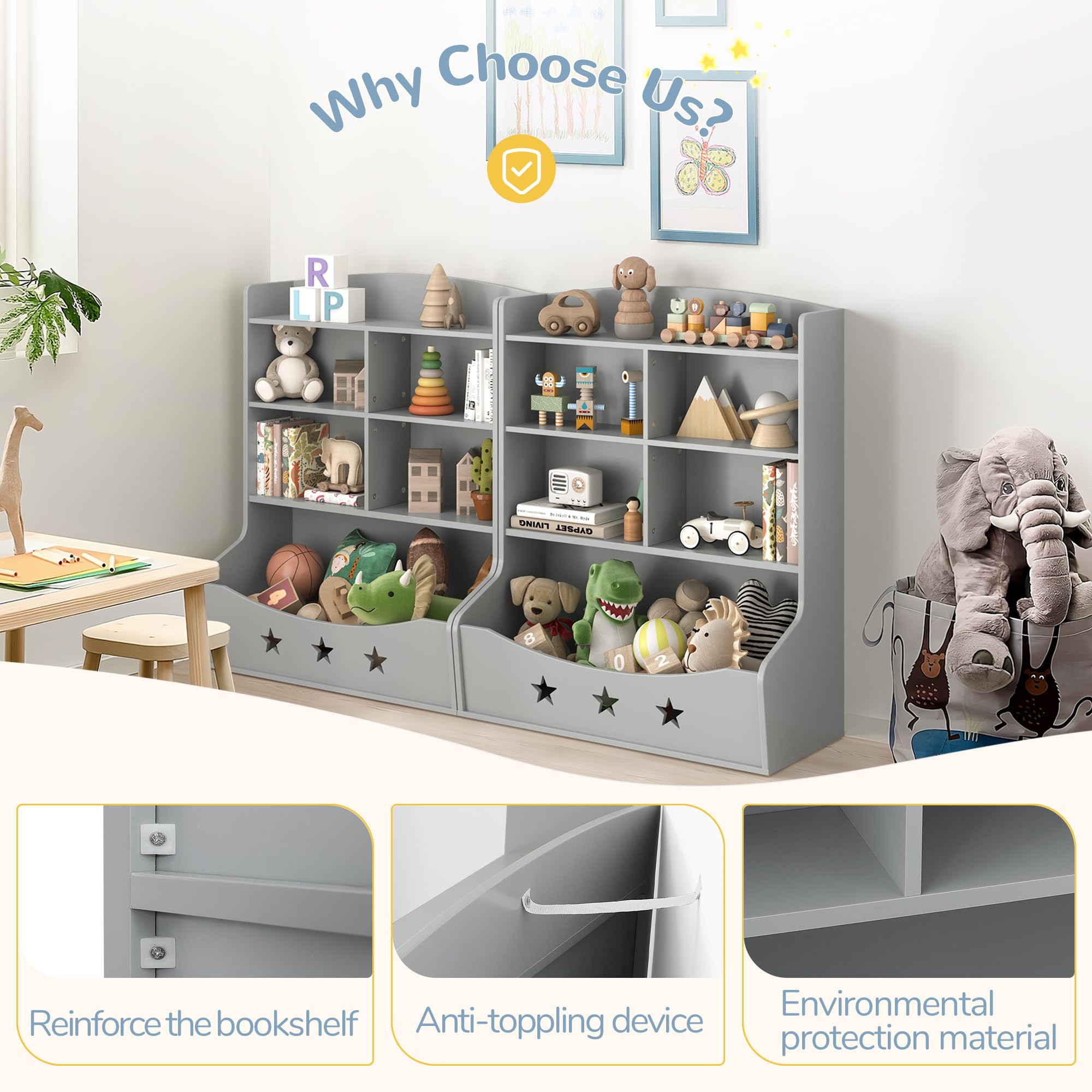 Curipeer Kids Bookshelf, Three-and-a-Half Tier Wooden Bookcase, Bookshelf for Playing Room, Nursery, Bedroom, Toy Storage Cabinet with 5 Cube Units, Star Pattern Kids' Toy Storage Organizer, Gray