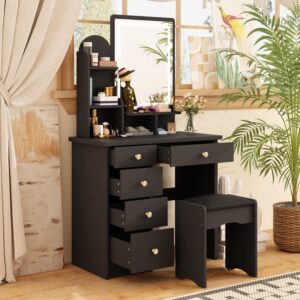 AGOTENI Black Vanity Set with Mirror, Makeup Vanity Dressing Table with Lighted Mirror, 5 Drawers, Shelves, Dresser Desk and Cushioned Stool Set