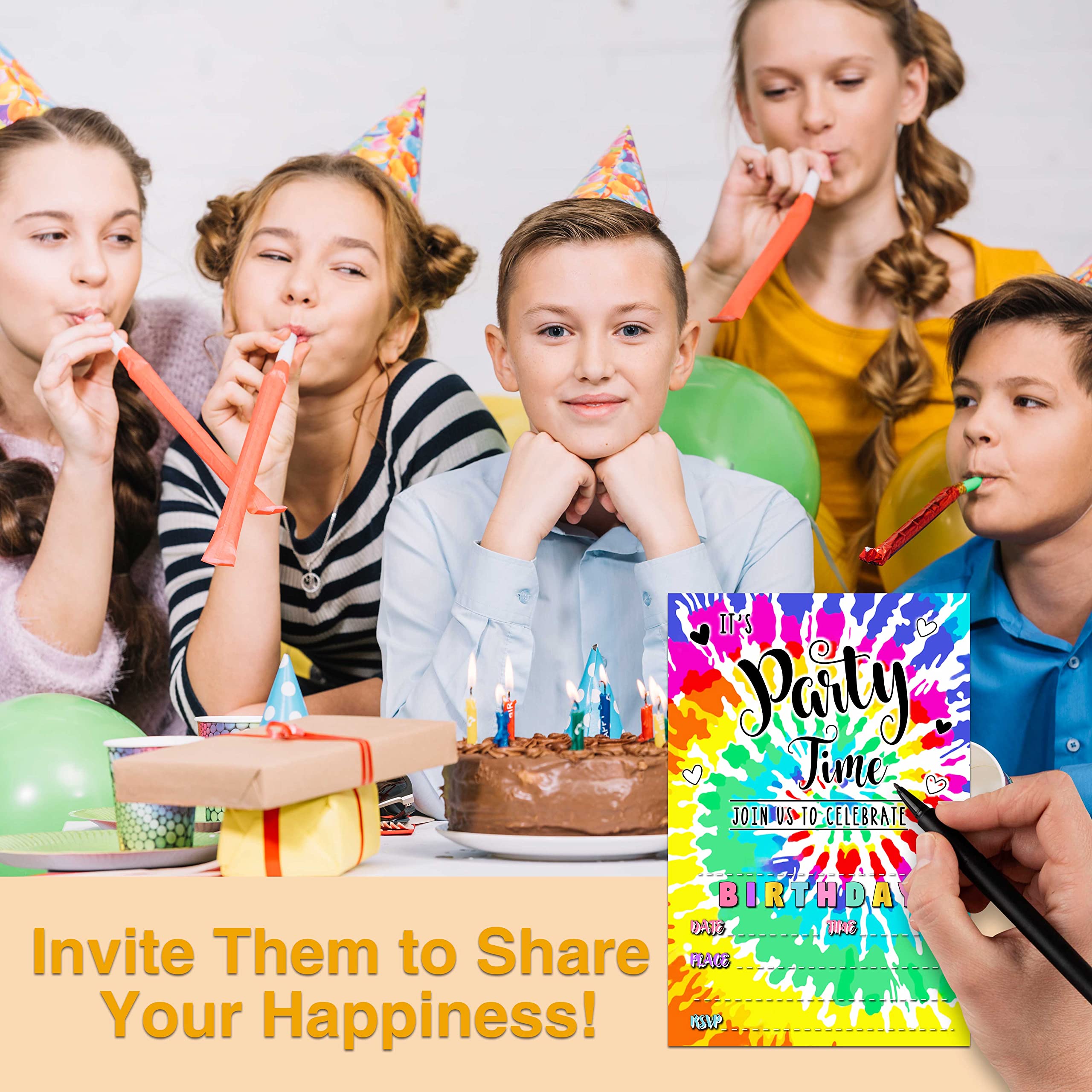 YSTEP Tie Dye Birthday Party Invitations, 20 Invite Cards with Envelopes, 4"x6" It's Party Time Birthday Invites - B21