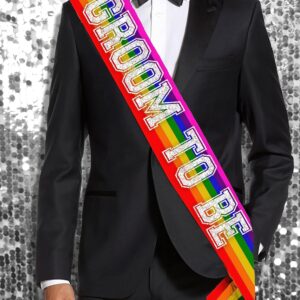 Gay Groom Bachelor Party Supplies - Silver Sparkle Sporty Groom To Be PREMIUM GRADE Rainbow Satin Sash - LQBTQ+ Pride Month Decorations - Rainbow Sash (GRM) RBW