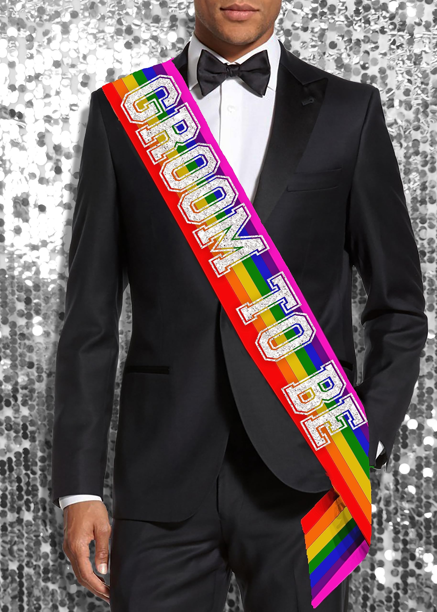 Gay Groom Bachelor Party Supplies - Silver Sparkle Sporty Groom To Be PREMIUM GRADE Rainbow Satin Sash - LQBTQ+ Pride Month Decorations - Rainbow Sash (GRM) RBW