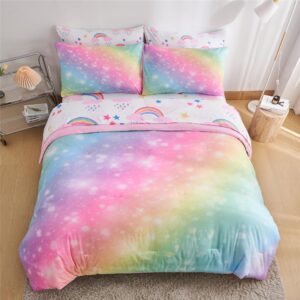 URLINENS Rainbow Girls Twin Comforter Set with Sheets, 5 Pieces Twin Bed in a Bag with Comforter, Sheets and Pillowcases, Soft Microfiber Pastel Glitter Fun Girly Twin Bedding Set for Kids Teens