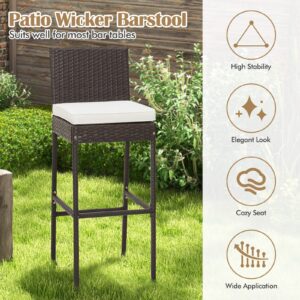 Tangkula Set of 2 Patio Wicker Barstools, Outdoor Bar Height Chair w/Soft Seat Cushion & Cozy Footrest, Heavy-Duty Metal Frame, 400 lbs Max Load, Mix Brown Rattan Bar Chair for Backyard, Balcony