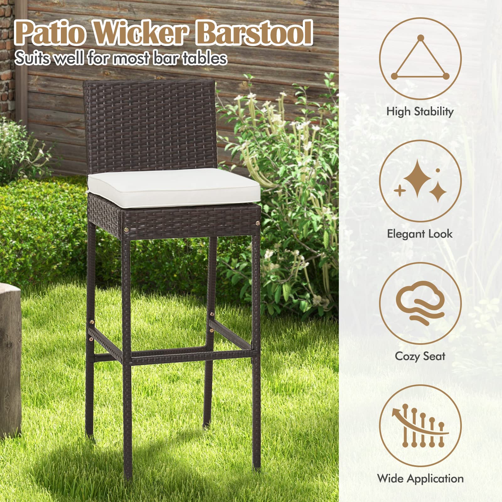 Tangkula Set of 2 Patio Wicker Barstools, Outdoor Bar Height Chair w/Soft Seat Cushion & Cozy Footrest, Heavy-Duty Metal Frame, 400 lbs Max Load, Mix Brown Rattan Bar Chair for Backyard, Balcony