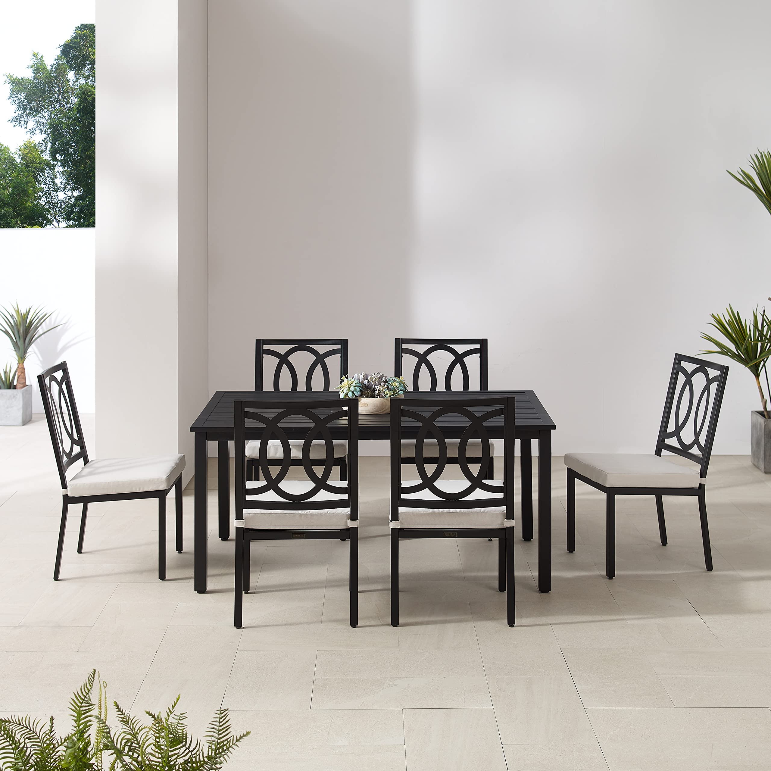 Crosley Furniture Chambers 7-Piece Outdoor Dining Set for 6, Patio Table and Chairs for Backyard, Deck, Matte Black with Creme Cushions