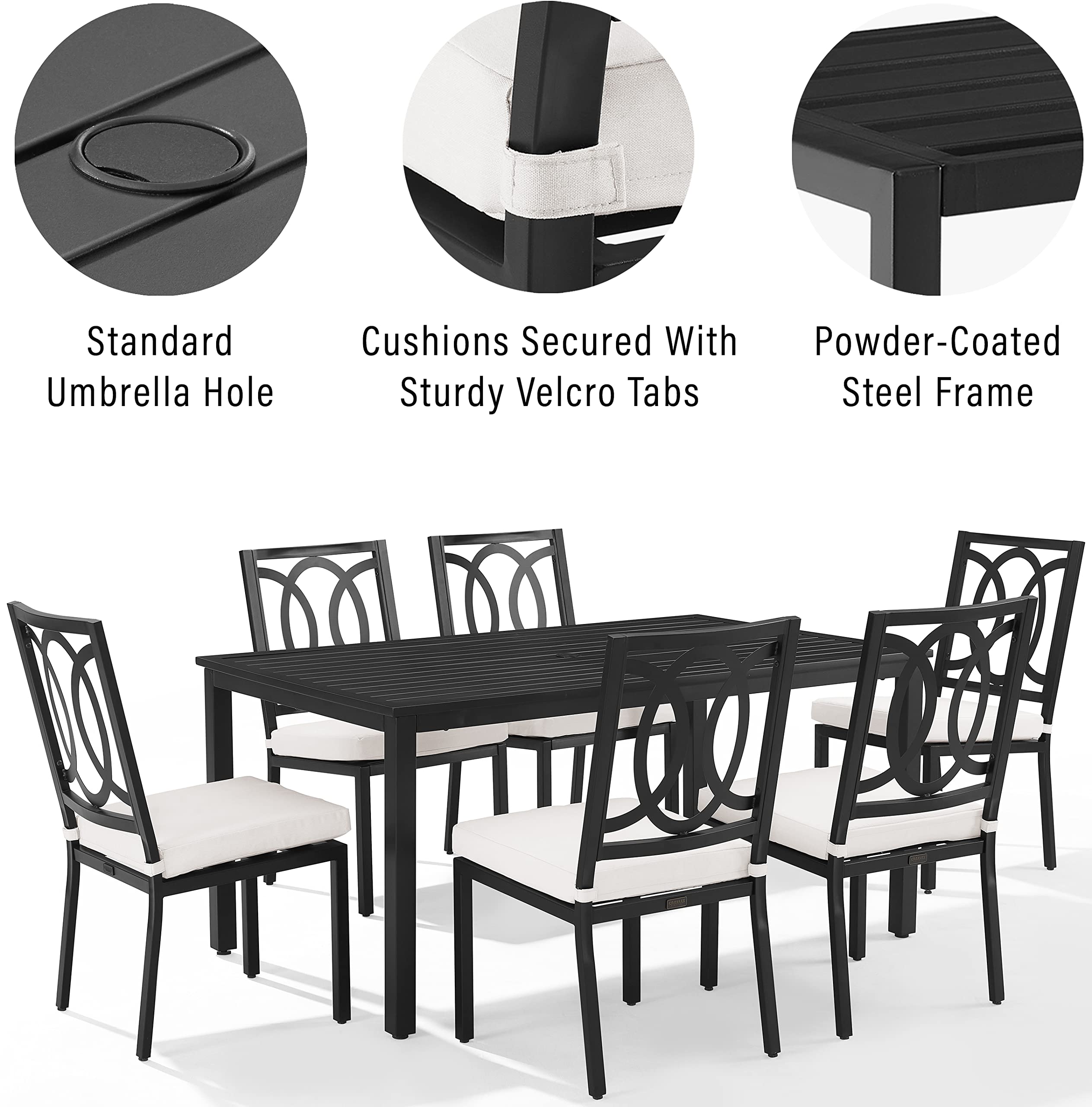 Crosley Furniture Chambers 7-Piece Outdoor Dining Set for 6, Patio Table and Chairs for Backyard, Deck, Matte Black with Creme Cushions