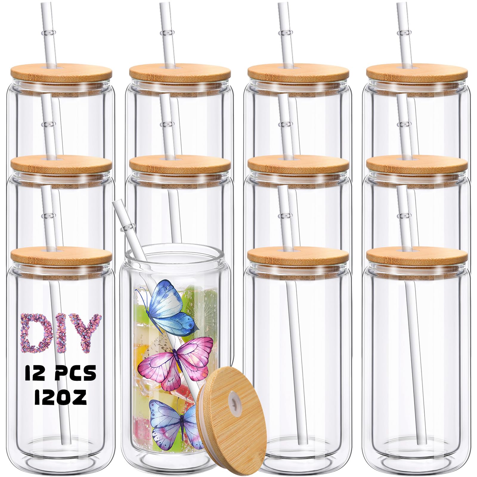 Didaey 12 Pcs Sublimation Blanks Glass with Bamboo Lid Plastic Straw Double Wall Sublimation Glasses Tumbler Cups Drinking Can Jars for Juice Beer Soda Iced Coffee Snow Globe DIY Gift (Wood,12oz)