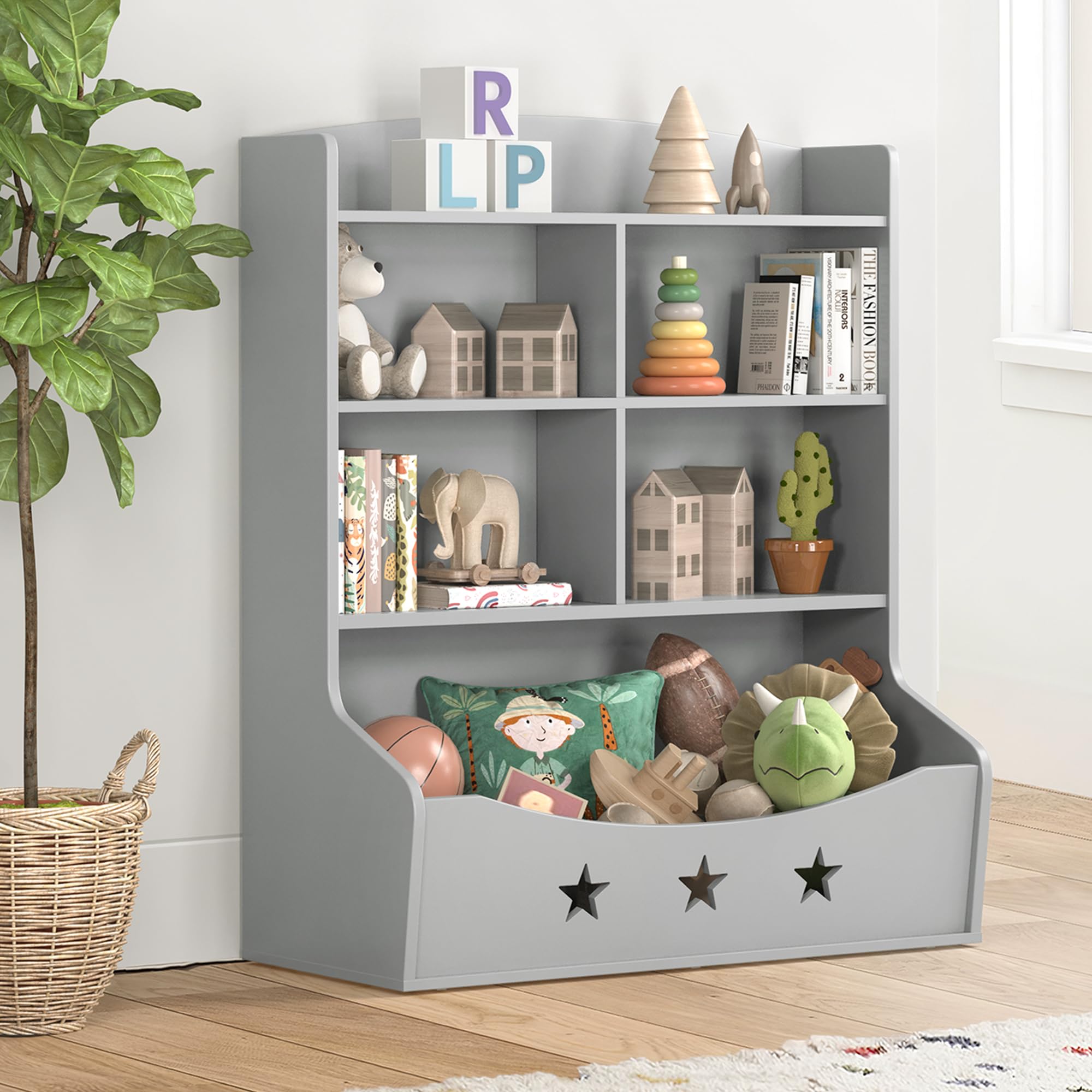 Curipeer Kids Bookshelf, Three-and-a-Half Tier Wooden Bookcase, Bookshelf for Playing Room, Nursery, Bedroom, Toy Storage Cabinet with 5 Cube Units, Star Pattern Kids' Toy Storage Organizer, Gray