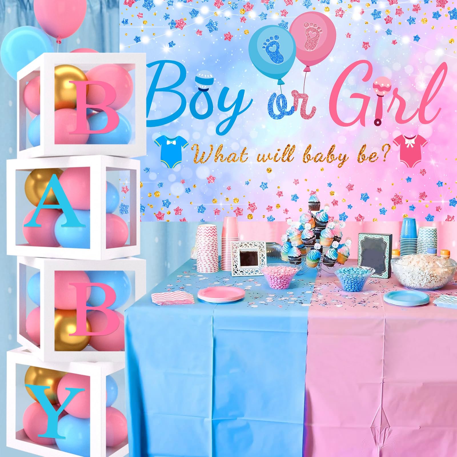 Gender Reveal Baby Balloon Boxes Decorations, Pink Blue Balloon Arch Garland Kits With 4pcs Baby Boxes, Gender Reveal Backdrop for Baby Shower,Boy or Girl gender Reveal Party Supplies(141pcs)