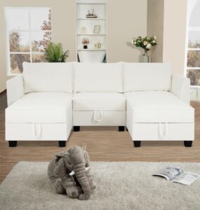 naomi home modular reversible u-shaped sectional sofa with double chaise and ottomans, elizabeth linen couch with storage seats, white