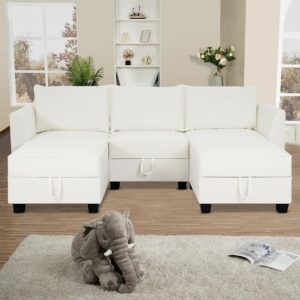 Naomi Home Modular Reversible U-Shaped Sectional Sofa with Double Chaise and Ottomans, Elizabeth Linen Couch with Storage Seats, White