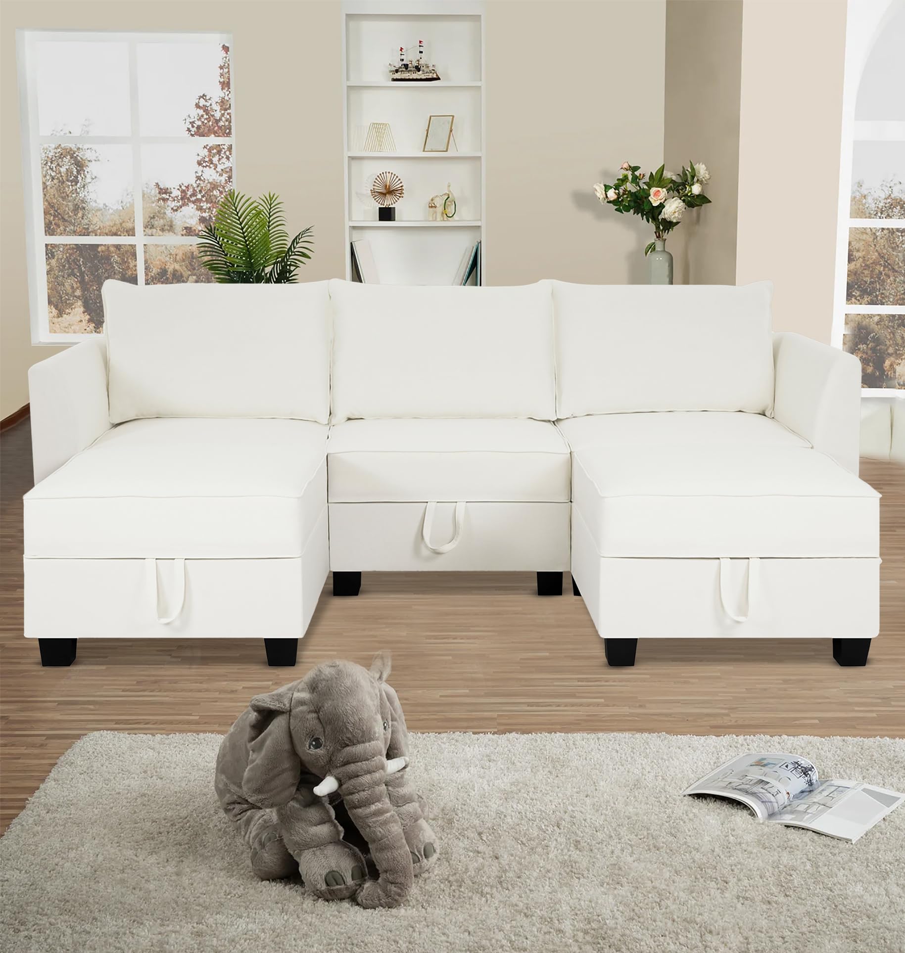 Naomi Home Modular Reversible U-Shaped Sectional Sofa with Double Chaise and Ottomans, Elizabeth Linen Couch with Storage Seats, White