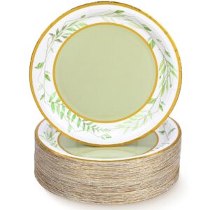 tanlade 100 pcs sage green plates, 7'' eucalyptus paper plates decorative disposable gold foil greenery plates for baptism baby bridal shower wedding jungle house warming decoration party supplies