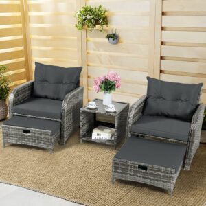 Auzfy Patio Chair with Ottomans and Table, 5 Piece PE Wicker Rattan Outdoor Patio Furniture Set, Space Saving Design Outdoor Chairs with Ottomans Set for Balcony Poolside Front Porch Deck, Grey