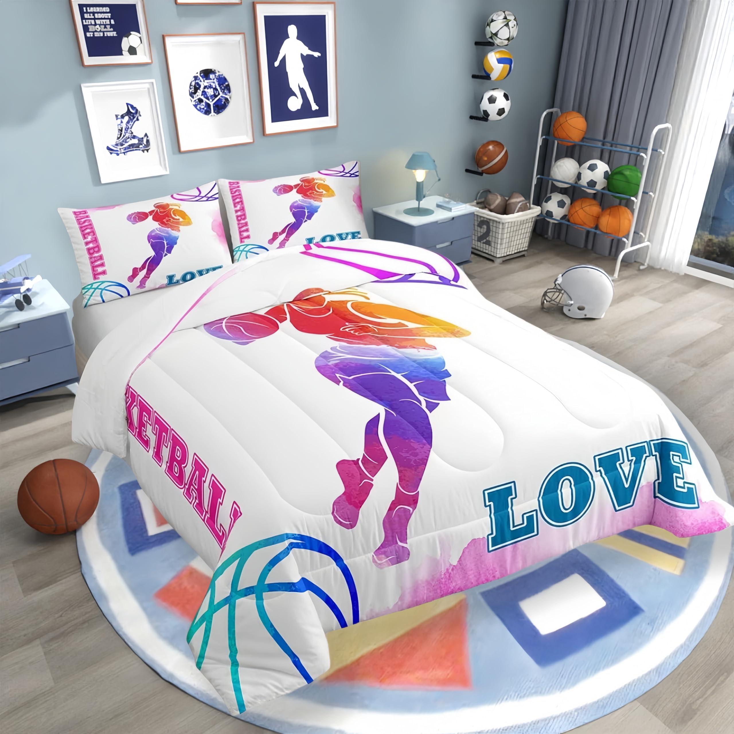 Basketball Lovers Kids Comforter Set Full Size,Modern Sports Games Competition Bedding Set,Girls Boys Adults Room Decor,Hand Painted Fashion Down Comforter,Pink Purple Duvet Insert,2 Pillowcases