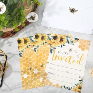 AnyDesign Sunflower Bee Party Invitations with Envelopes Stickers Watercolor Summer Flower Invitation Cards for Wedding Bridal Baby Shower Birthday Dinner Party Supplies, 20 Sets, 5 x 7 Inch