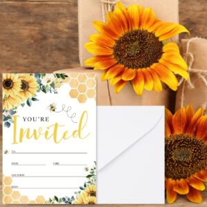 AnyDesign Sunflower Bee Party Invitations with Envelopes Stickers Watercolor Summer Flower Invitation Cards for Wedding Bridal Baby Shower Birthday Dinner Party Supplies, 20 Sets, 5 x 7 Inch