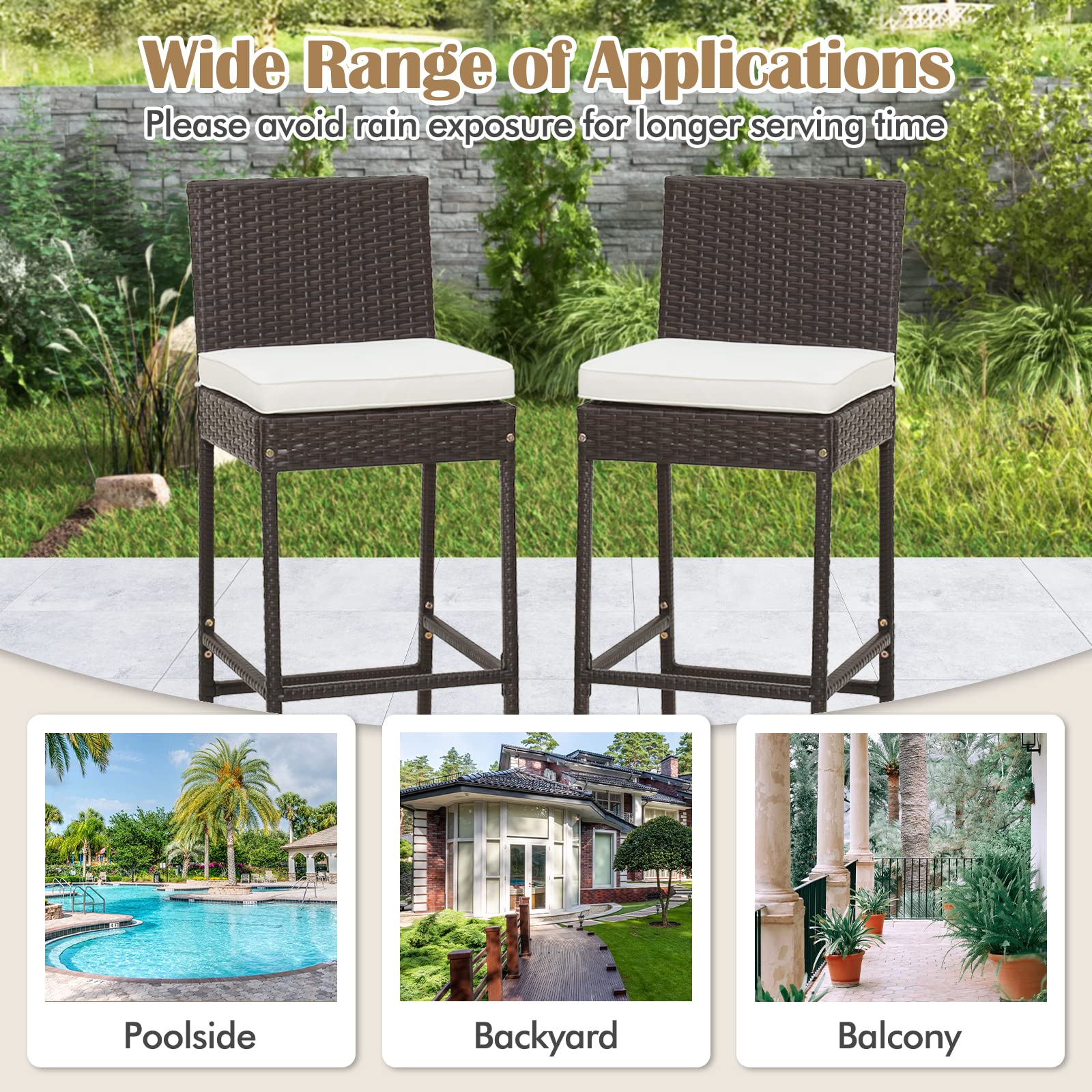 Tangkula Set of 2 Patio Wicker Barstools, Outdoor Bar Height Chair w/Soft Seat Cushion & Cozy Footrest, Heavy-Duty Metal Frame, 400 lbs Max Load, Mix Brown Rattan Bar Chair for Backyard, Balcony