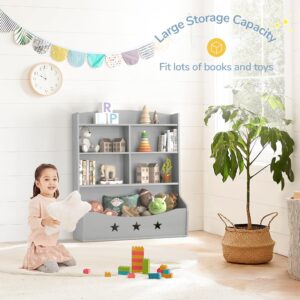 Curipeer Kids Bookshelf, Three-and-a-Half Tier Wooden Bookcase, Bookshelf for Playing Room, Nursery, Bedroom, Toy Storage Cabinet with 5 Cube Units, Star Pattern Kids' Toy Storage Organizer, Gray