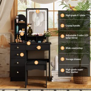 AGOTENI Black Vanity Set with Mirror, Makeup Vanity Dressing Table with Lighted Mirror, 5 Drawers, Shelves, Dresser Desk and Cushioned Stool Set