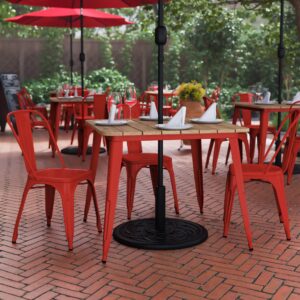 Flash Furniture Declan Commercial Outdoor Dining Table with Umbrella Hole, All Weather Poly Resin Top and Steel Base, 36" Square, Brown/Red