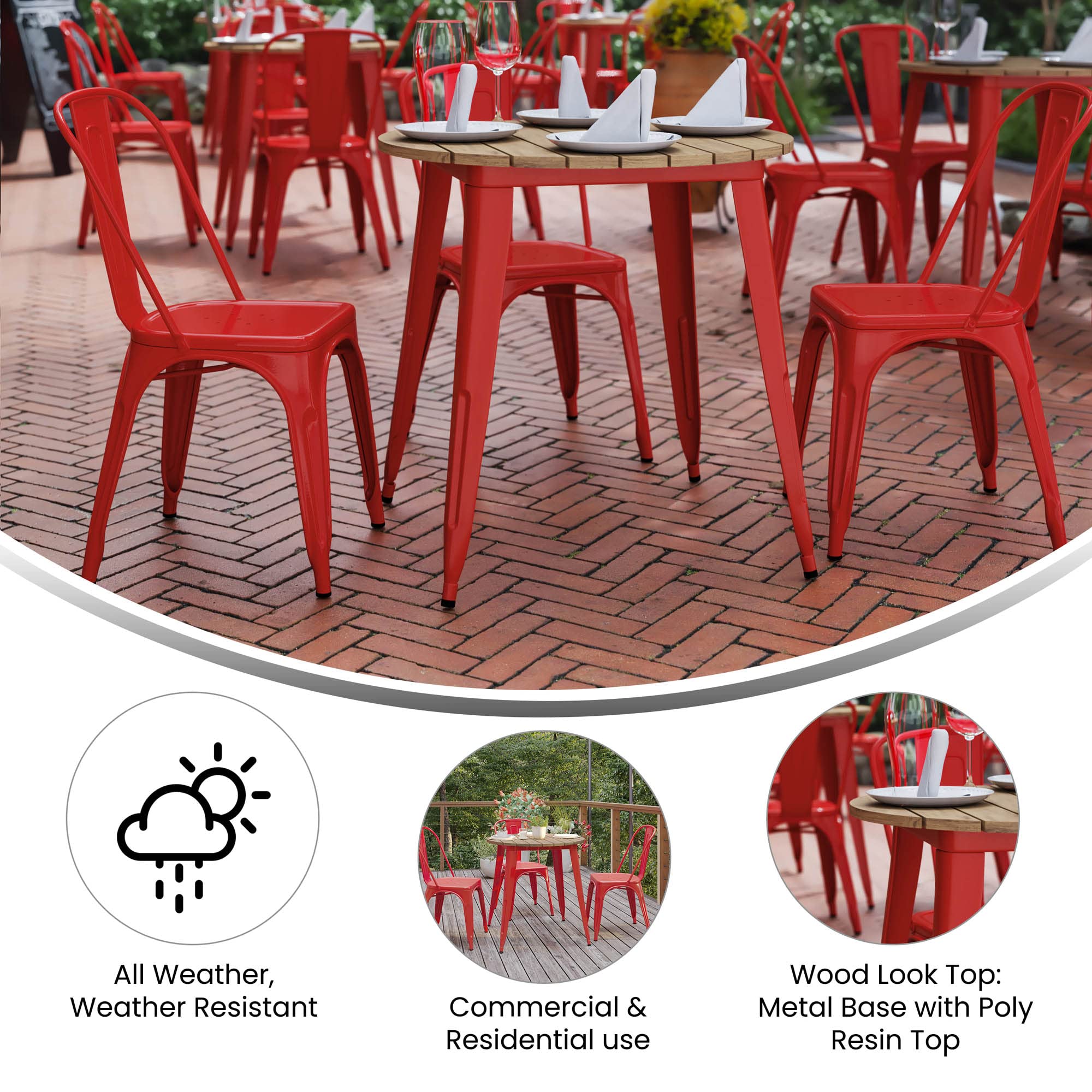 Flash Furniture Declan Commercial Outdoor Dining Table, All Weather Poly Resin Top with Steel Base, 30" Round, Brown/Red