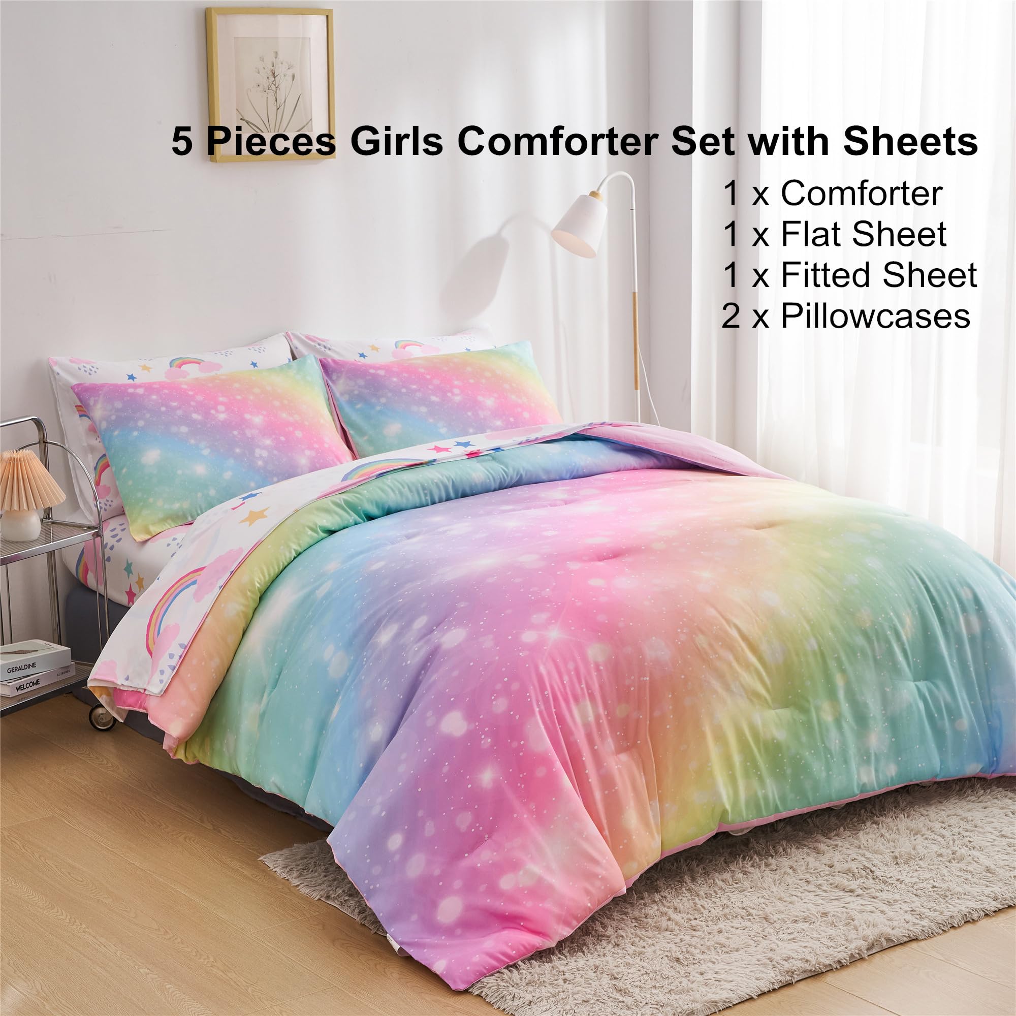 URLINENS Rainbow Girls Twin Comforter Set with Sheets, 5 Pieces Twin Bed in a Bag with Comforter, Sheets and Pillowcases, Soft Microfiber Pastel Glitter Fun Girly Twin Bedding Set for Kids Teens