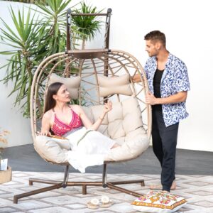 NICESOUL® Indoor Outdoor 2 Person Egg Chair Double Swing Chair with Stand Large Cream Wicker Patio Twins Basket Hanging Egg Chair with Cover 510lbs Capacity for Bedroom Balcony Oversized