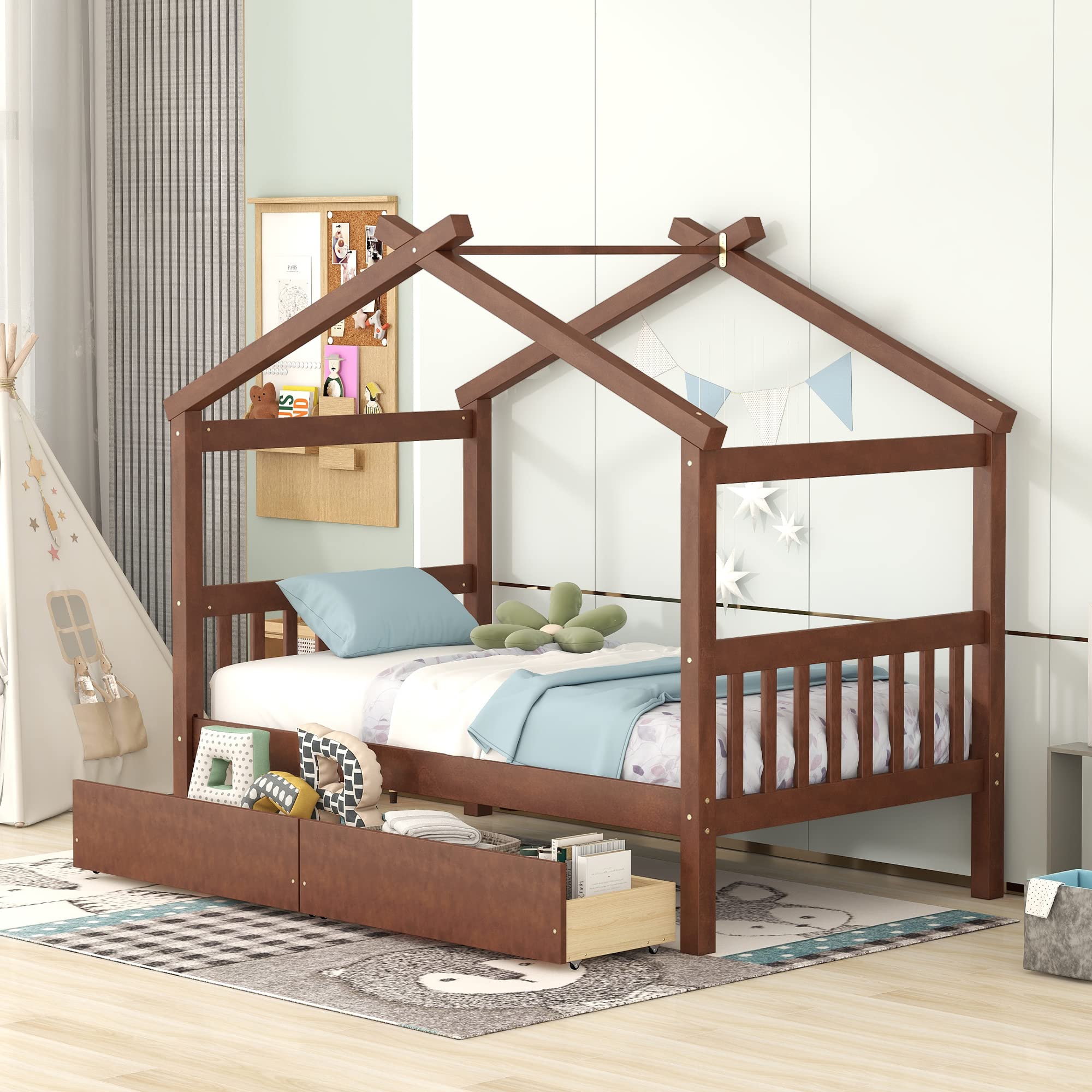 Twin Size House Bed with 2 Storage Drawers Wooden Kids Montessori House Bed Frame Wood Playhouse Tent Bed for Girls Boys Teens, Walnut