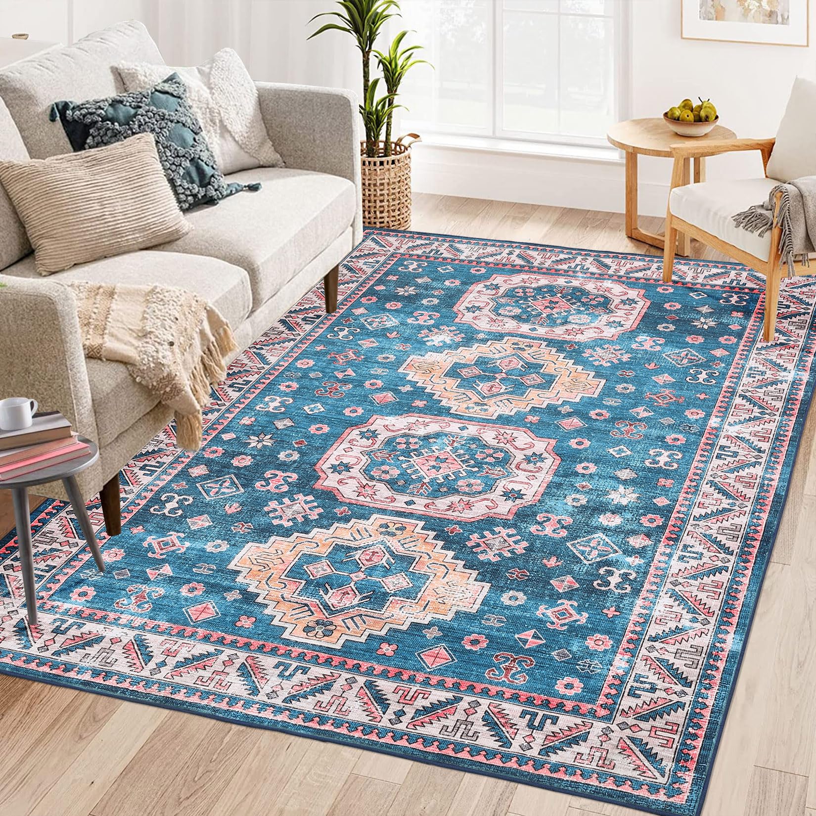 ROYHOME Area Rug Machine Washable Rug Small Throw Carpet 4x6 Rug Boho Area Rug Non Slip Distressed Area Rug Oriental Rug for Living Room Bedroom Kitchen, Blue 4' x 6'