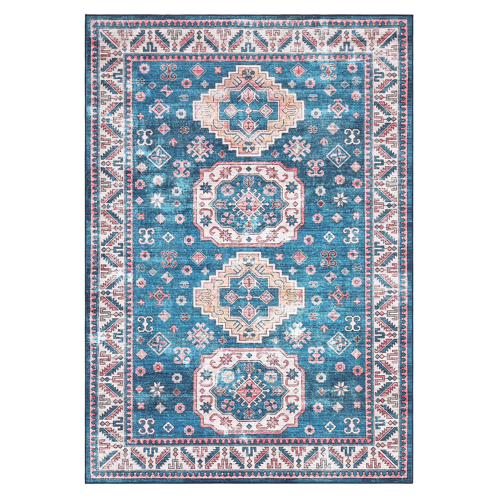 ROYHOME Area Rug Machine Washable Rug Small Throw Carpet 4x6 Rug Boho Area Rug Non Slip Distressed Area Rug Oriental Rug for Living Room Bedroom Kitchen, Blue 4' x 6'