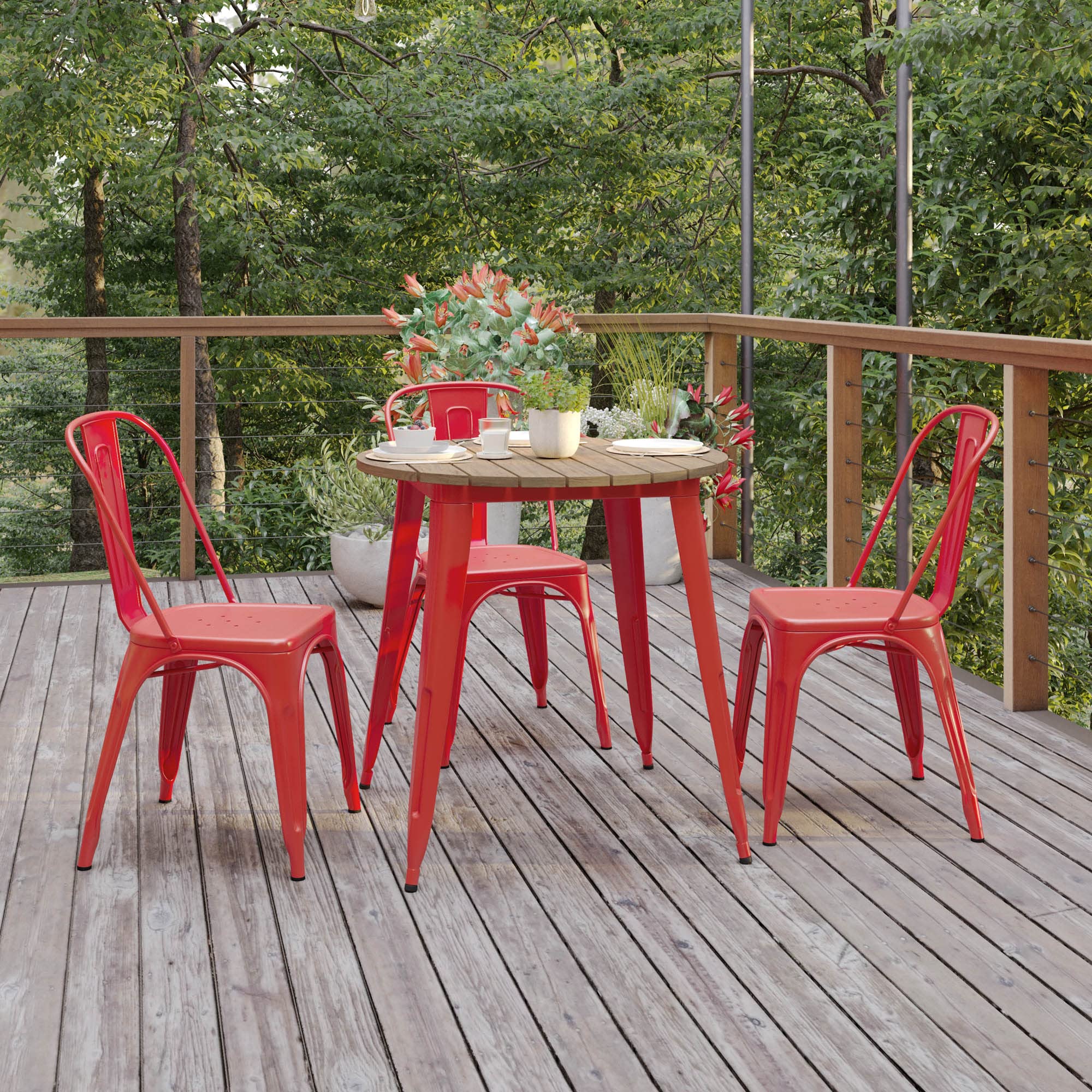 Flash Furniture Declan Commercial Outdoor Dining Table, All Weather Poly Resin Top with Steel Base, 30" Round, Brown/Red