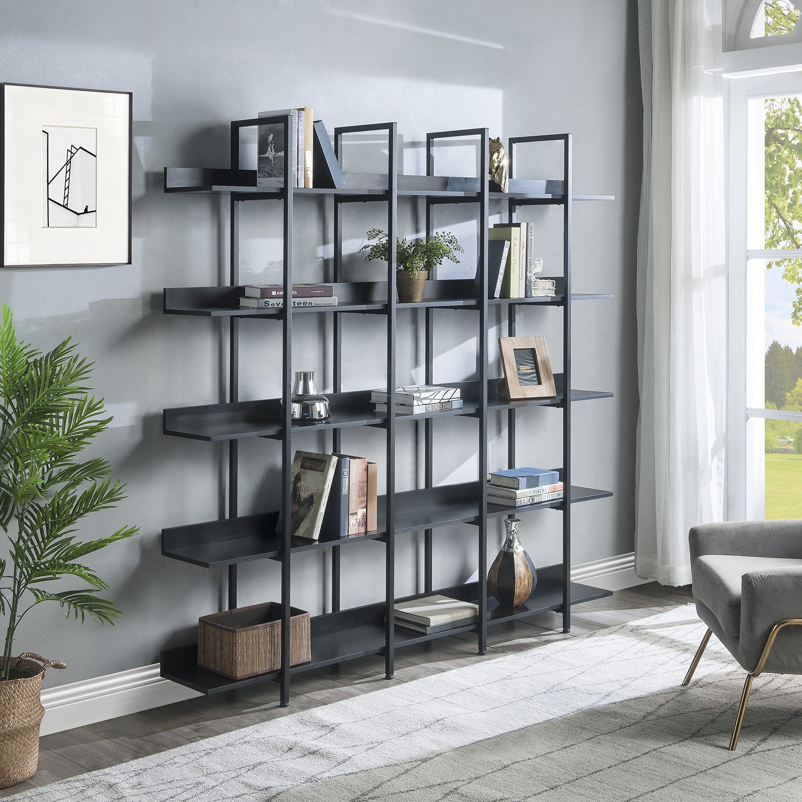 Harper & Bright Designs 5 Tier Bookcase Home Office Open Bookshelf, Vintage Industrial Style Shelf, MDF Board, White Metal Frame, Oak