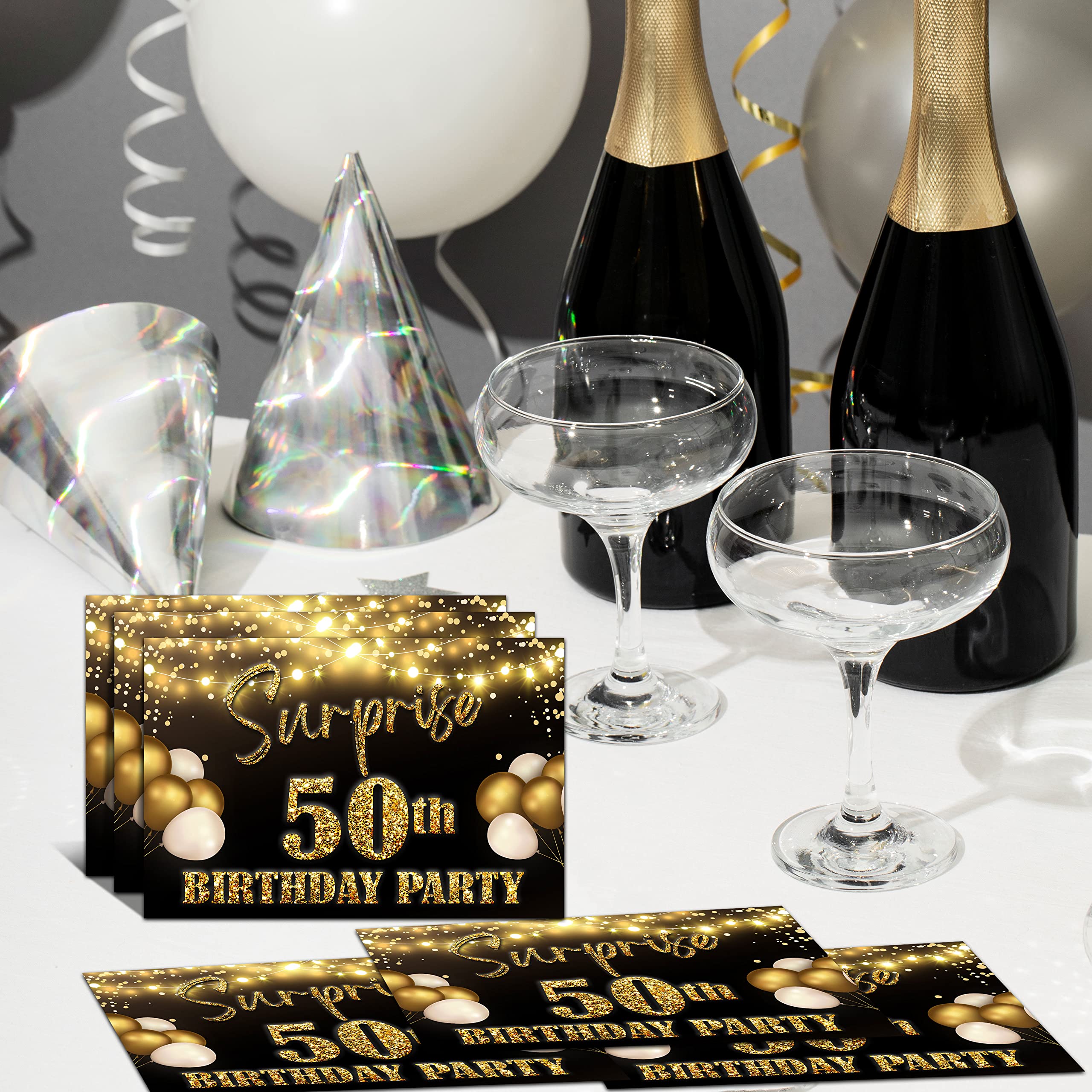 YSTEP 50th Birthday Party Invitations, 20 Black Gold Invite Cards with Envelopes, 4"x6" Foil Balloon Birthday Invites - B09