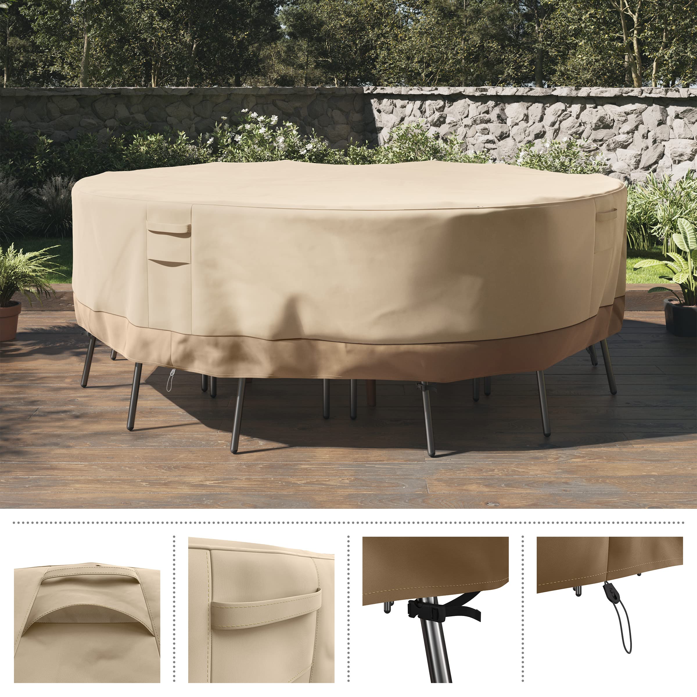 Pure Garden Round Outdoor Table Cover - 94in Heavy-Duty 600D Polyester Canvas with UV 50+ and Waterproof Backing - Patio Furniture Covers (Beige)