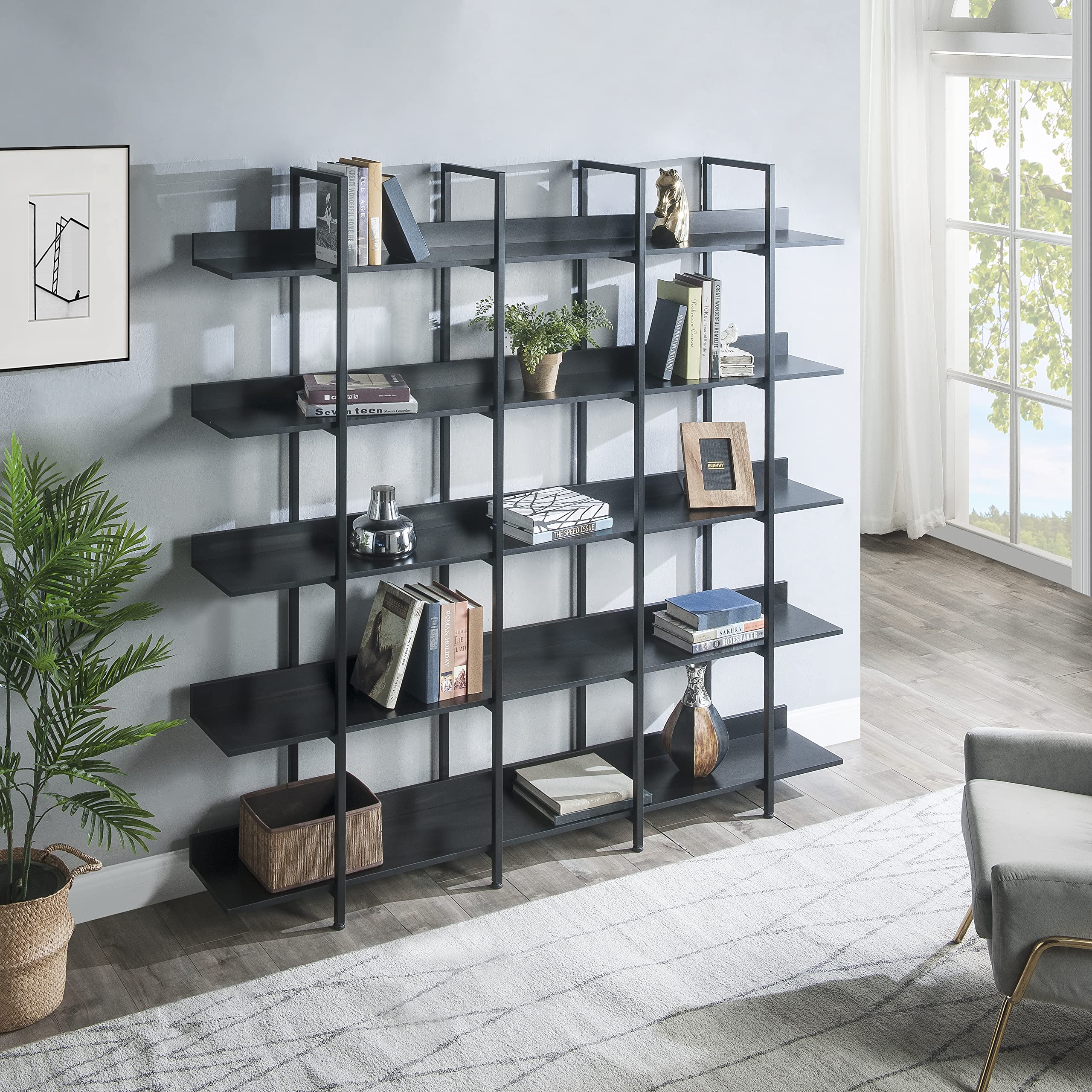 Harper & Bright Designs 5 Tier Bookcase Home Office Open Bookshelf, Vintage Industrial Style Shelf, MDF Board, White Metal Frame, Oak