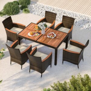 HAPPYGRILL 7 Pieces Rattan Wicker Patio Dining Set, Outdoor Dining Set with Cushions, Large Dining Table with Acacia Wood Top, Outside Dining Furniture Set with Umbrella Hole