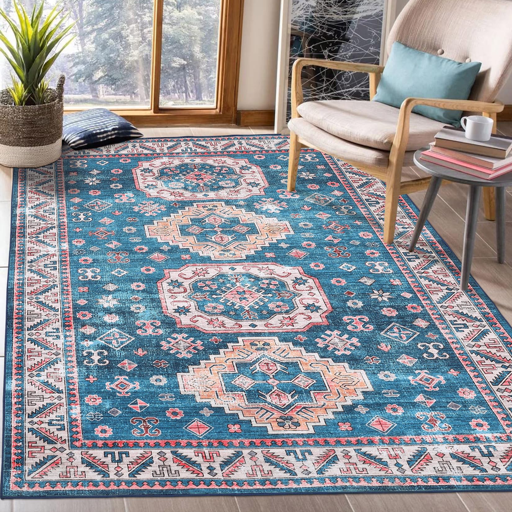 ROYHOME Area Rug Machine Washable Rug Small Throw Carpet 4x6 Rug Boho Area Rug Non Slip Distressed Area Rug Oriental Rug for Living Room Bedroom Kitchen, Blue 4' x 6'