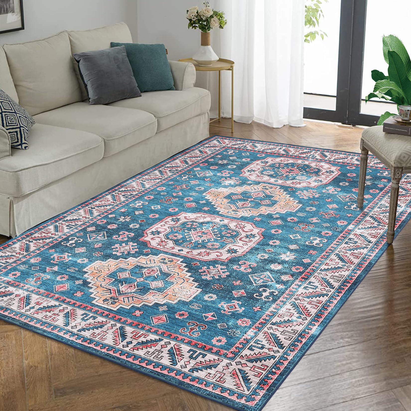 ROYHOME Area Rug Machine Washable Rug Small Throw Carpet 4x6 Rug Boho Area Rug Non Slip Distressed Area Rug Oriental Rug for Living Room Bedroom Kitchen, Blue 4' x 6'