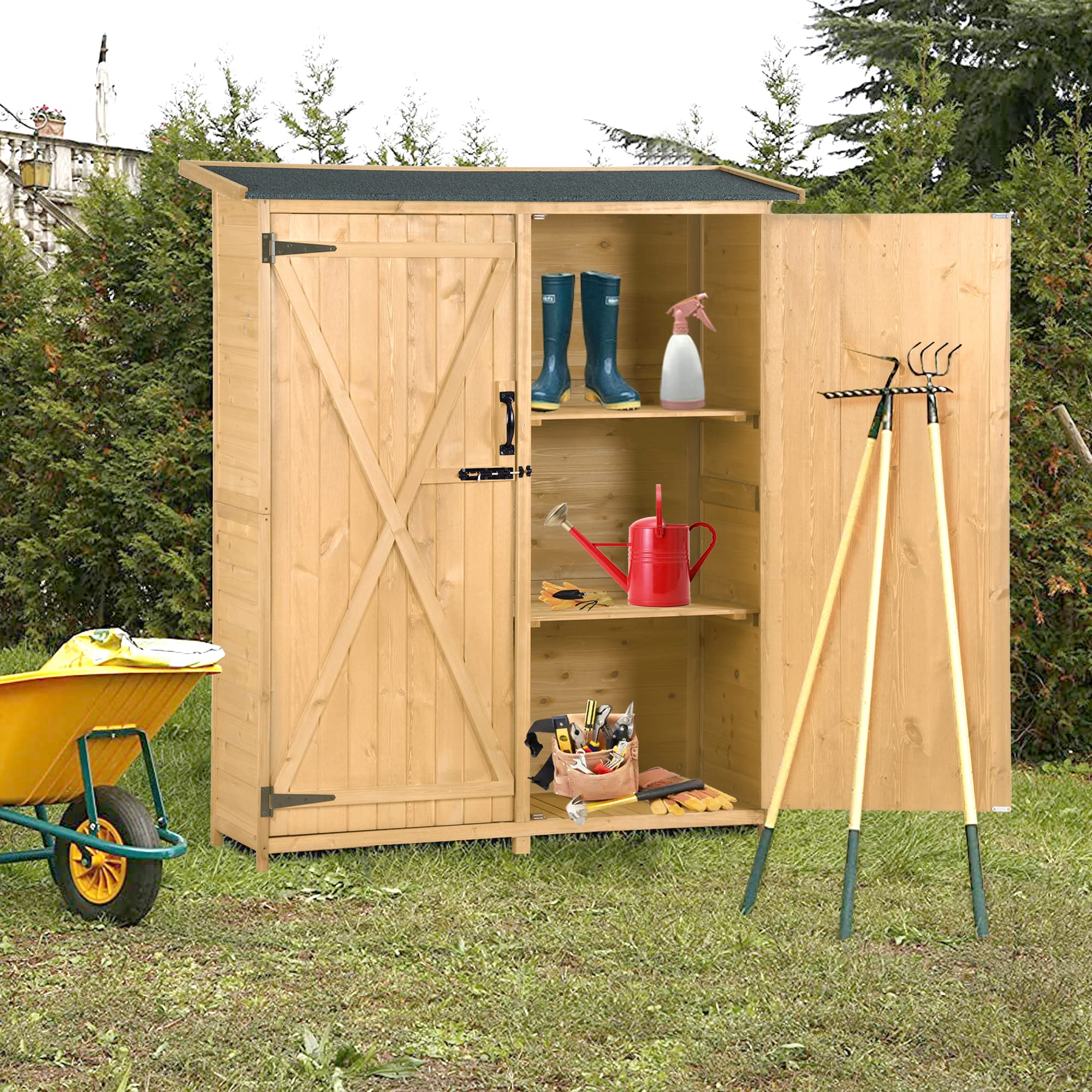 Outdoor 5.3ft Hx4.6ft L Wood Storage Shed Tool Organizer,Garden Shed, Storage Cabinet with Waterproof Asphalt Roof, Double Lockable Doors, 3-Tier Shelves for Backyard, Natural