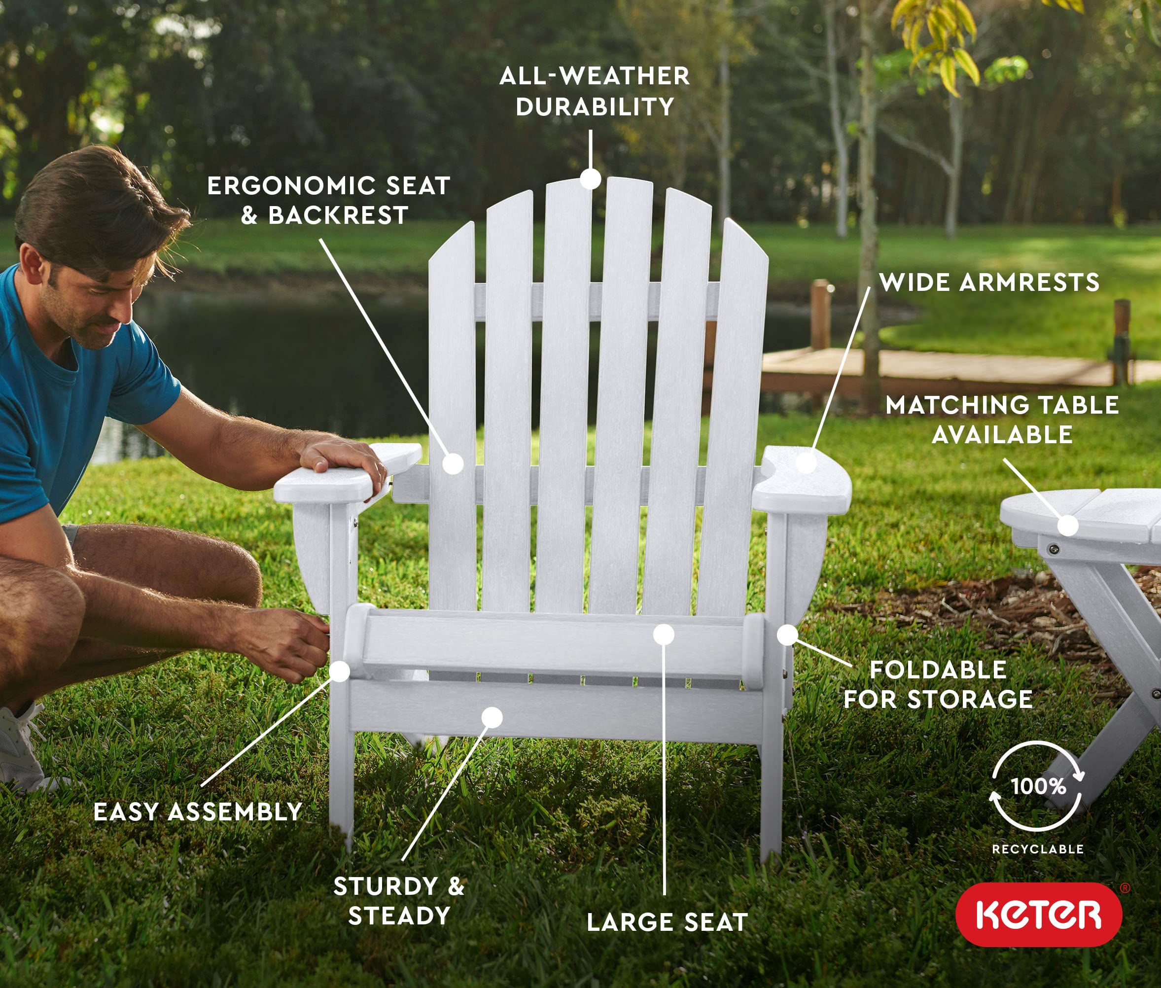 Keter Willoughby Folding Adirondack Chair with Weatherproof Finish, Outdoor Furniture for Entertaining by The Pool, Patio, and Fire Pit, Easy Assembly for Sturdy and Steady Outdoor Seating, White