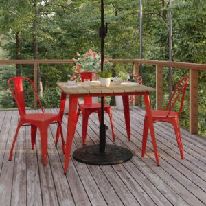 Flash Furniture Declan Commercial Outdoor Dining Table with Umbrella Hole, All Weather Poly Resin Top and Steel Base, 36" Square, Brown/Red