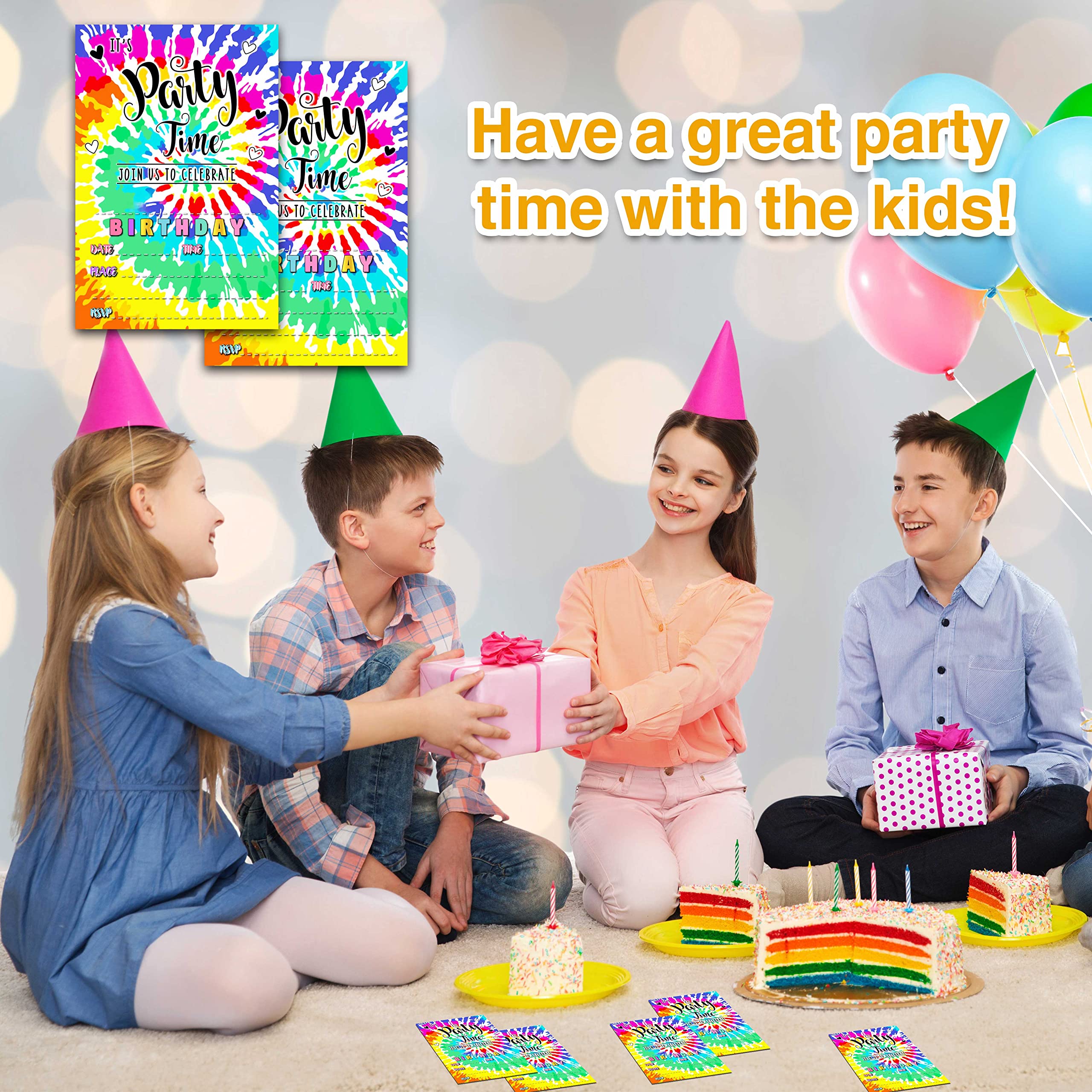 YSTEP Tie Dye Birthday Party Invitations, 20 Invite Cards with Envelopes, 4"x6" It's Party Time Birthday Invites - B21