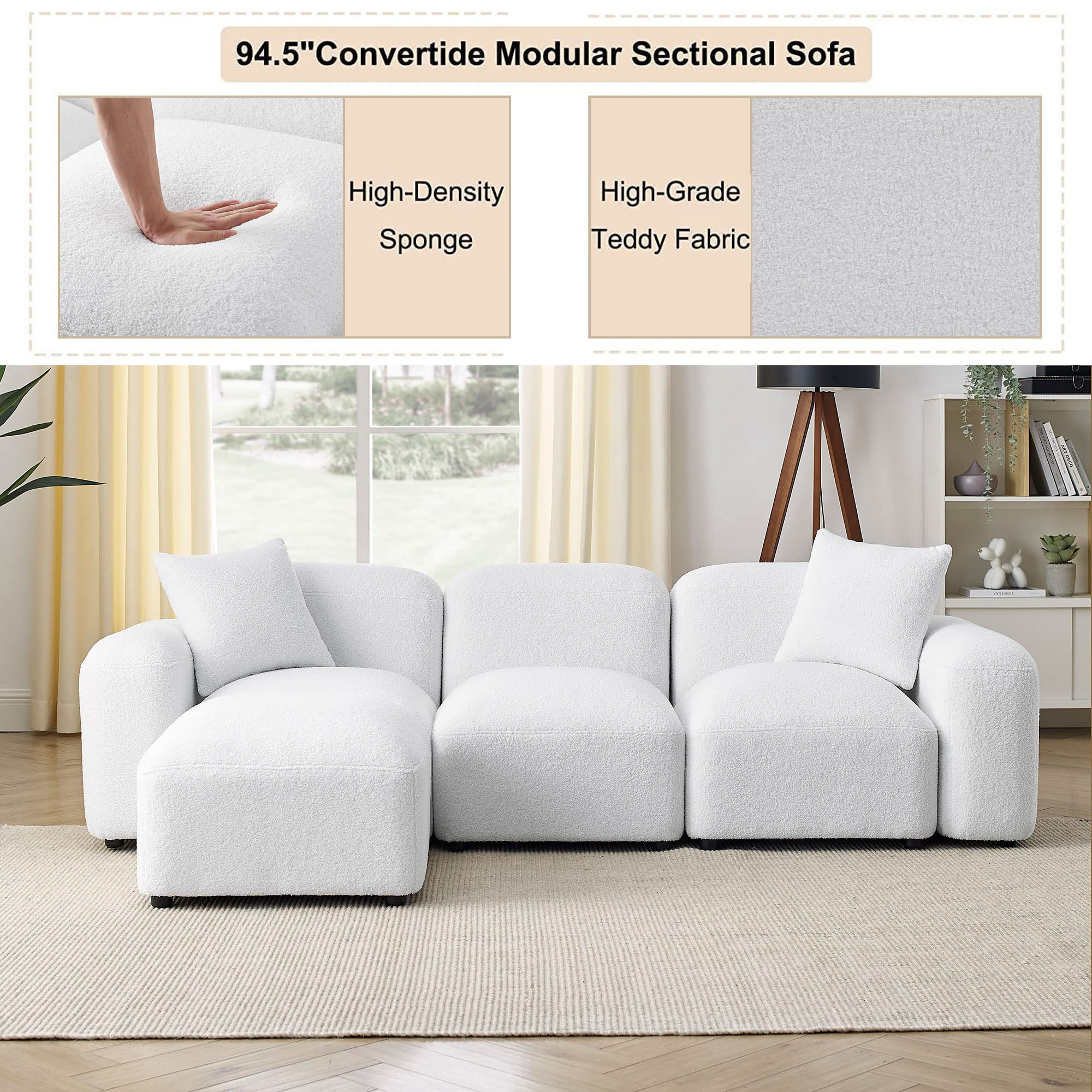 GNIXUU Modular Sectional Sofa, 94.5" Convertible L-Shaped Couch for Living Room, Modern Minimalist Teddy Sherpa Cloud Couches with 2 Comfy Pillows, White