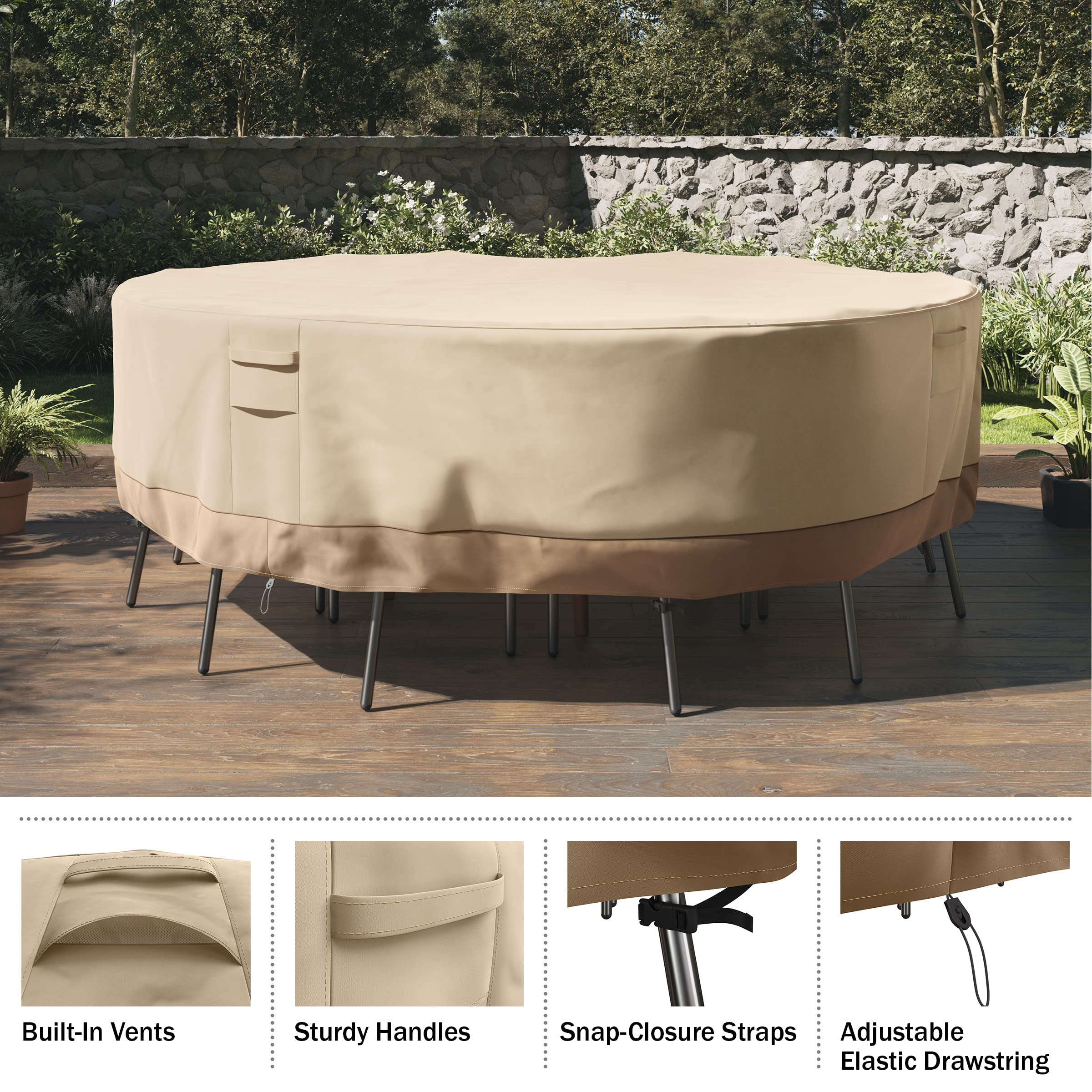 Pure Garden Round Outdoor Table Cover - 94in Heavy-Duty 600D Polyester Canvas with UV 50+ and Waterproof Backing - Patio Furniture Covers (Beige)